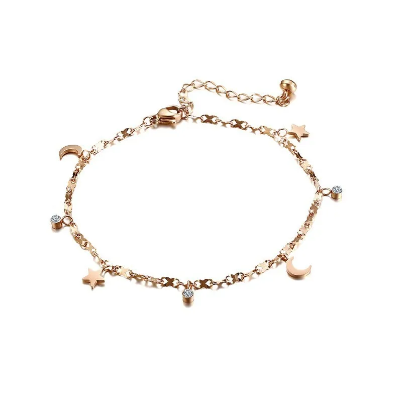 Women's Dainty Moon Star CZ Rose Golden Surgical Stainless Steel Ankle Bracelet Stylish Foot Jewelry Gift