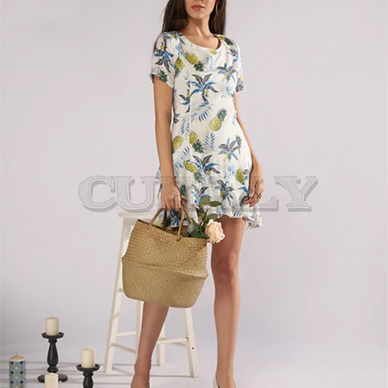 Image Fashion print a line dress with high waist back sexy dress short Ruffles