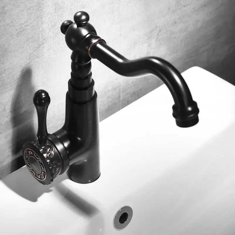  Newly Carved Black Bronze Brushed Basin Faucet 360 Swivel Carved Handle Bathroom Faucets Hot Cold M - 32885532932