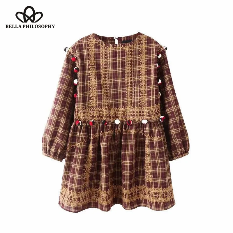 Wonder 2018 new autumn vintage fur ball splicing embroidery plaid court mini dress elegant chic vestidos casual slim party dress