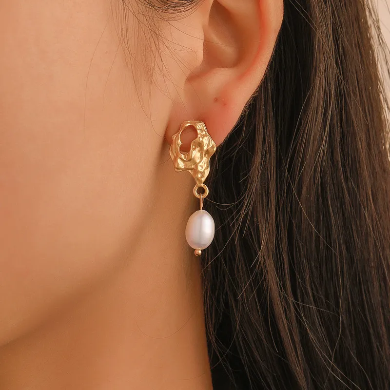 

Modyle Gold Irregular Freshwater Earrings With Pearl Vintage Long Geometric Statement Baroque Dangle Earring Drops Jewelry