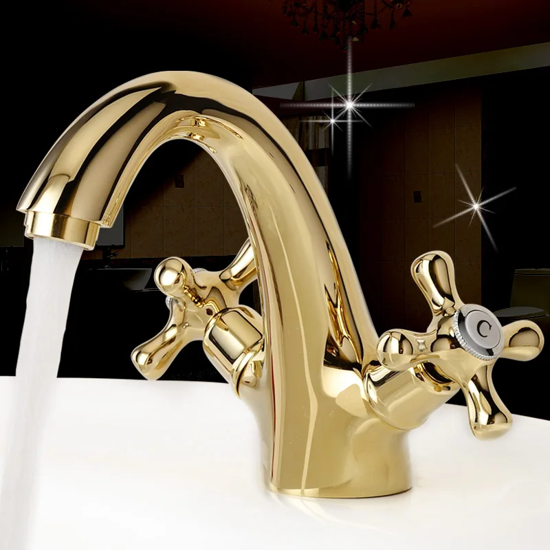 Preise Bad Wasserhahn Gold Messing Moderne Becken Wasserhahn Mischer Doppel Griff Waschbecken Wasserhahn Deck Montiert Einzelnes Loch Heiße und Kalte Wasser tippen