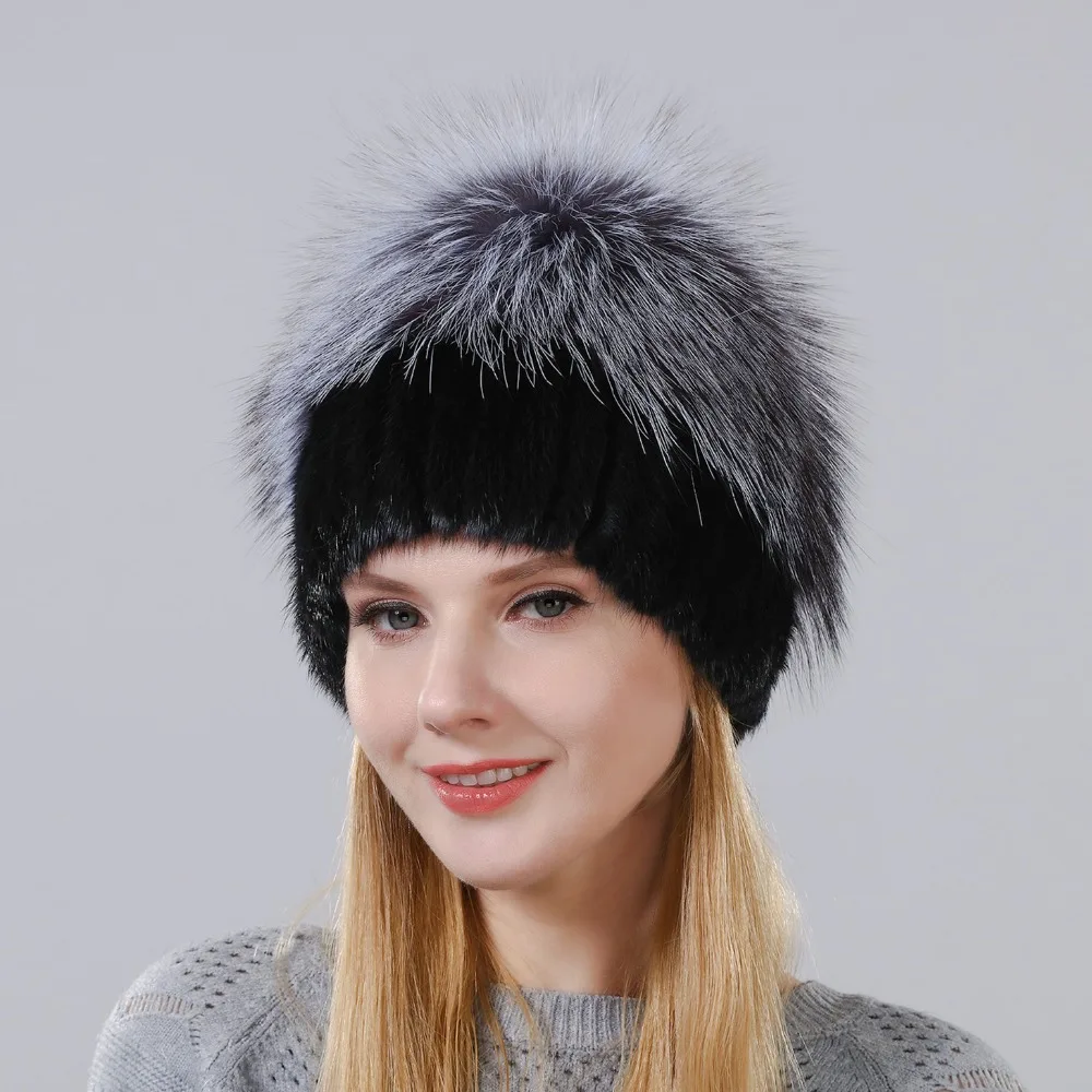 Новый стиль женский норки Мех Кепки пушистый Silver Fox часть более для Для женщин