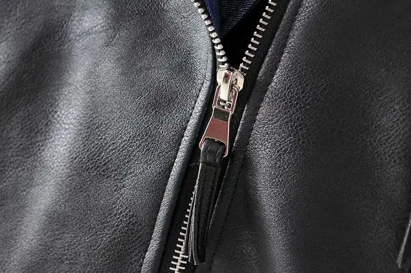 Корейский длинный рукав ветрозащитная черная PU Женская куртка осенний костюм воротник джинсовый прошитый подол пальто кожаная женская куртка