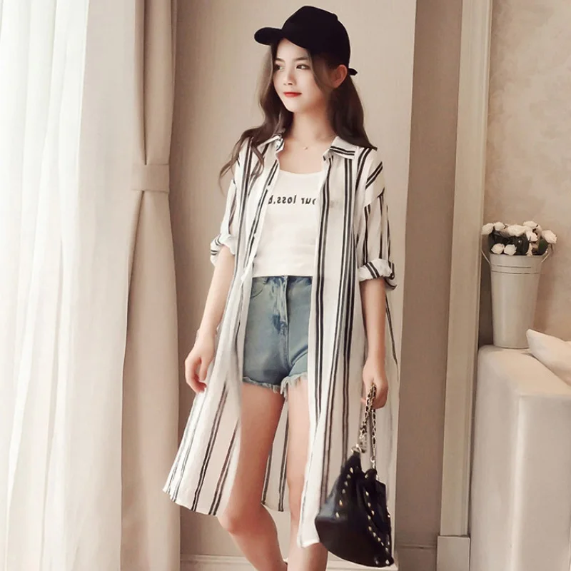 

New Long Sleeve Striped Beach Kimono Women Summer Autumn 2018 Long Blouse Thin Sun Cover Up Casual Loose Shirts Cardigan Female