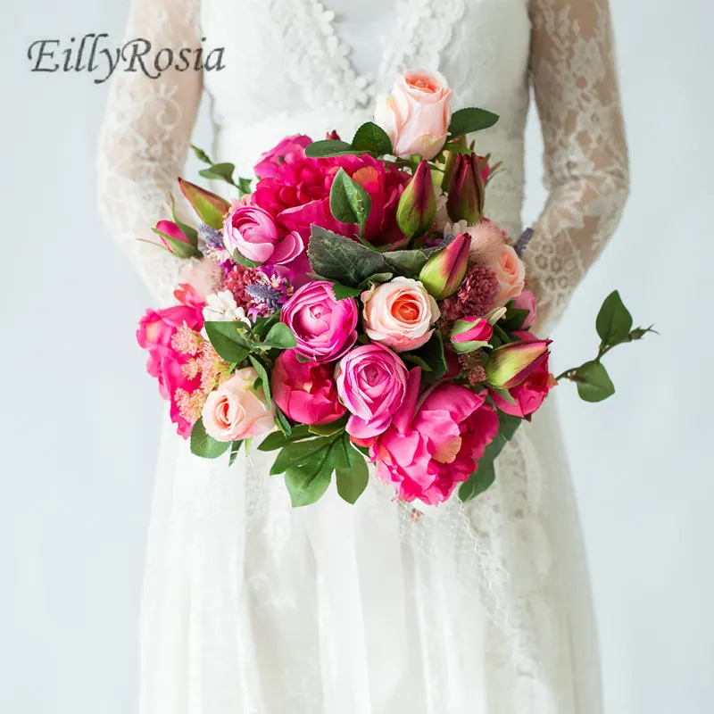 Круглый Свадебный букет, свадебные Розовые розы, фуксия, пион, букет невесты, подружки невесты, Blumen buque de casamento