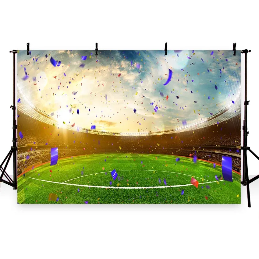 

Vinyl Photography Background Football Field Soccer Celebration Party Time Champion Children Backgrounds for Photo Studio