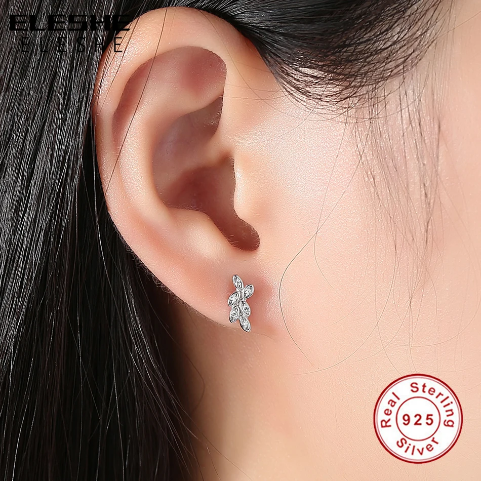 ELESHE Shiny 925 Sterling Silver Crystal Earrings Cubic Zirconia Leaf Stud Earrings Wedding Jewelry for Women