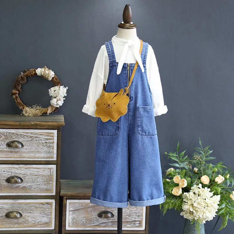 

Children's bib 2019 spring new girls bib fashion straight wild leg pants loose one-piece pants jeans