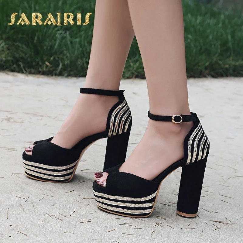 

SaraIris Belt Ankle Strap Buckle Up Square High Heel Open Peep Toe Platform Summer Shoes Woman Sandals Larges Size 32-42
