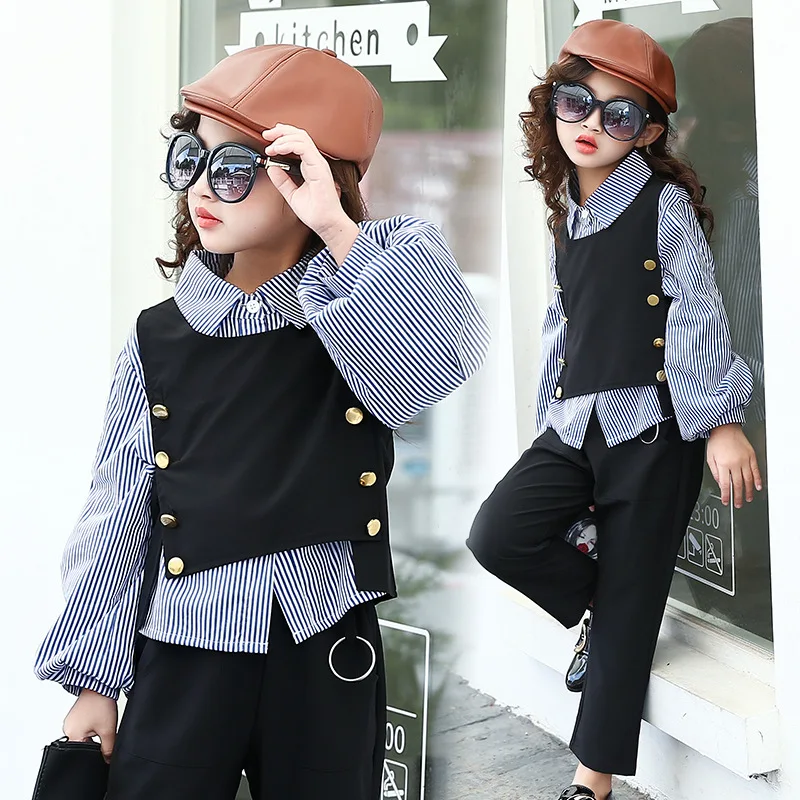 

2018 Girls Fashion 3pcs Children Clothing Set Girls Clothes Spring Autumn Suit Toddler Girl Outfit Vest + Striped Blouses + Pant