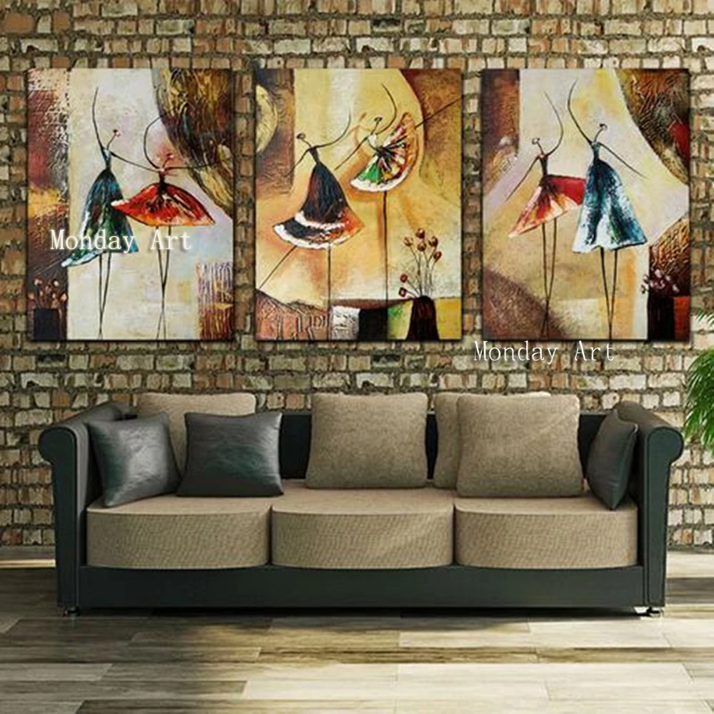 

High quality 3 Panel Handpainted Ballet Dancers Paintings Canvas Art ballet Picture Abstract figure Oil Painting Home Decoration
