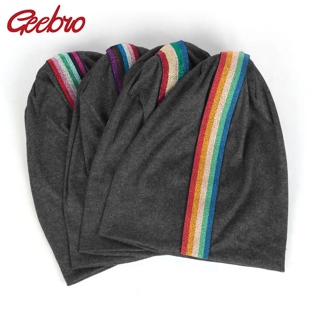 

Geebro Fashion Slouchy Colorful Beanie For Women Rainbow Applique Striped Cap Man Hats Cotton Beanies Unisex Skullies Headwear