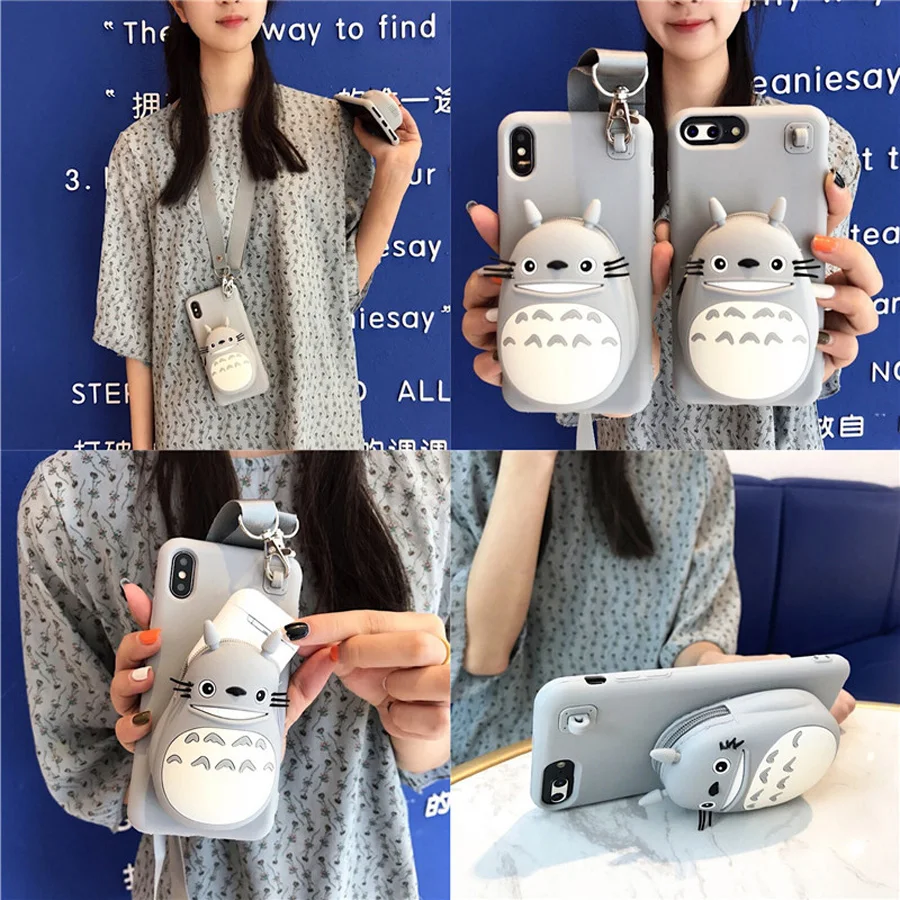 

3d cat wallet silicone case for iphone 7 8 6 6s plus X XR XS MAX case cover cute cartoon card holder soft shoulder strap phone b