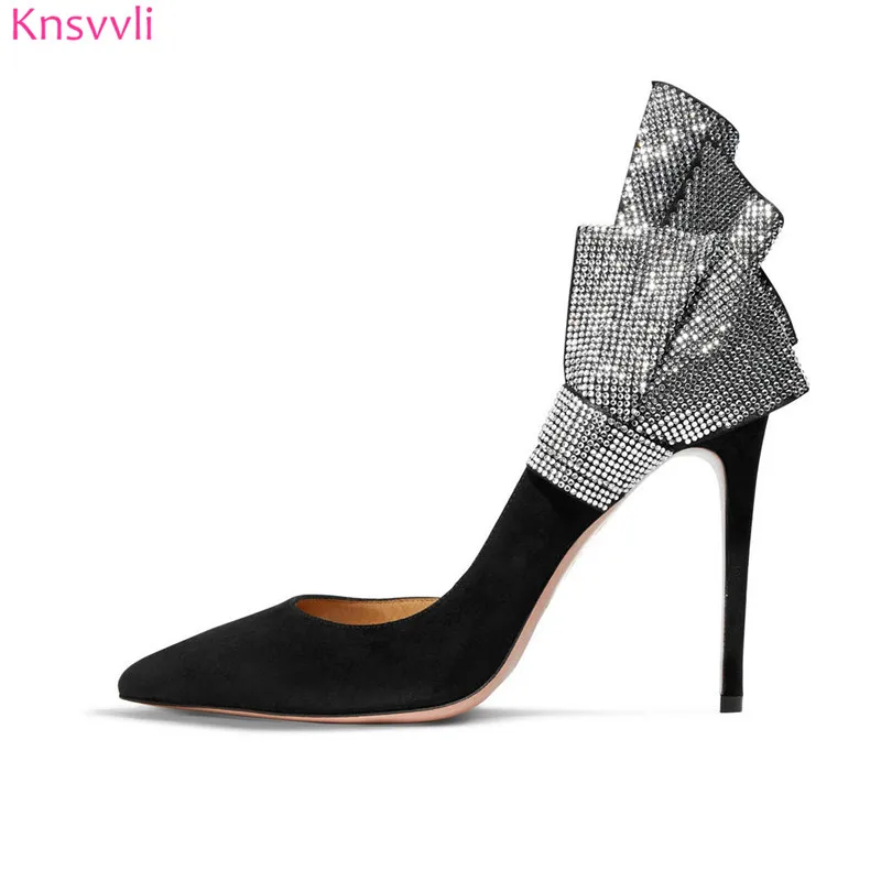Knsvvli роскошная хрустальная люстра с бантом; пикантные туфли на высоком каблуке Для женщин насосы с открытым носком слипоны черного цвета из флока, Эффектная вечерняя Обувь feminina