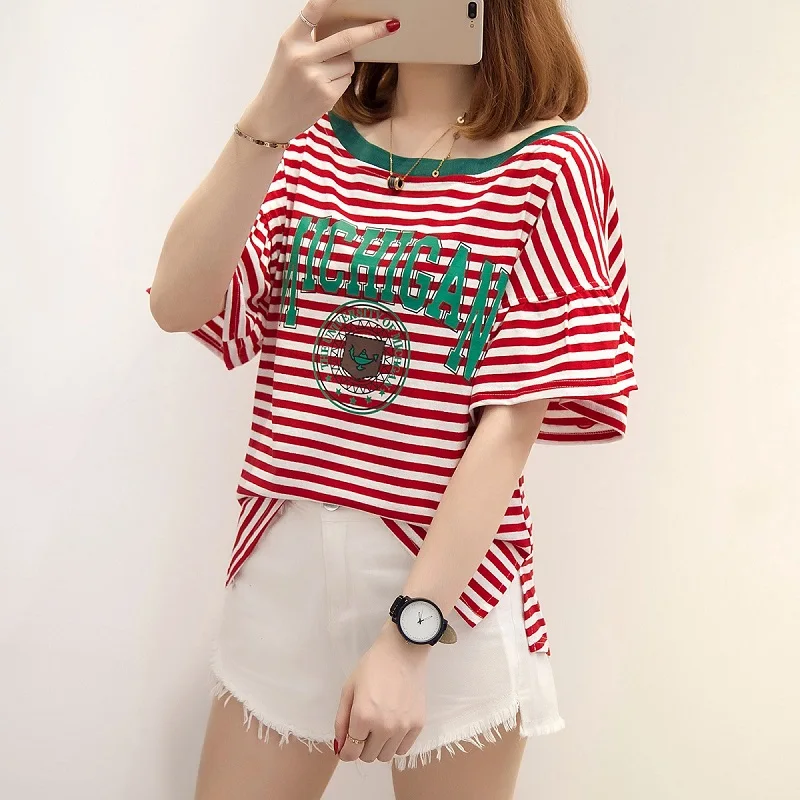 

2018 New Arrival Dirolaotou Office Lady Broadcloth Short None Regular Striped O-neck Regular T-shirts Top Harajuku
