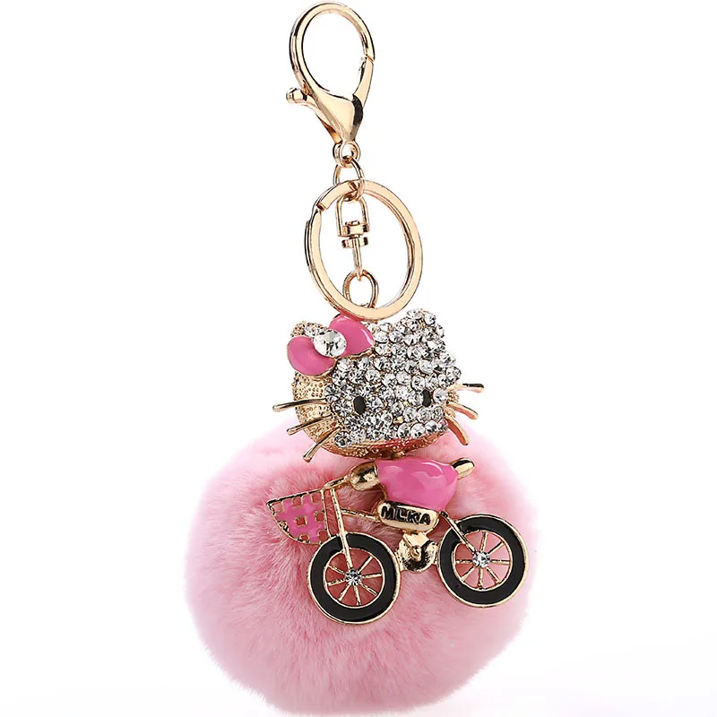 Fluffy conejo piel Pom Llavero Rhinestone Hello Kitty Llavero titular Llavero Pompon Llavero Porte Clef colgante Fluffy conejo piel Pom Llavero Rhinestone Hello Kitty Llavero titular Llavero Pompon Llavero Porte Clef colgante