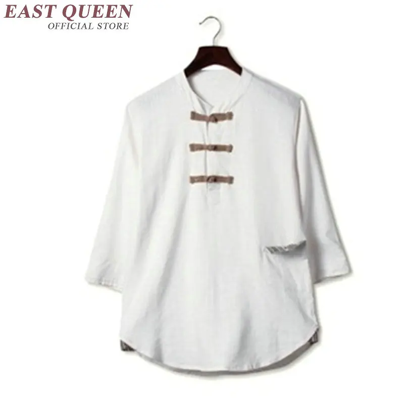 Traditional mens clothing Chinese oriental button linen white shirts solid color three-quarter sleeves linen clothing KK994 HQ