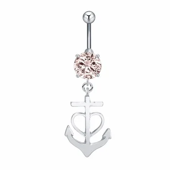 1Pcs Gold Silver Plated Dangle Bar Zirconia Cubic Navel Belly Ring With Heart Anchor Pendant Fashion Piercing Body Jewelry Body