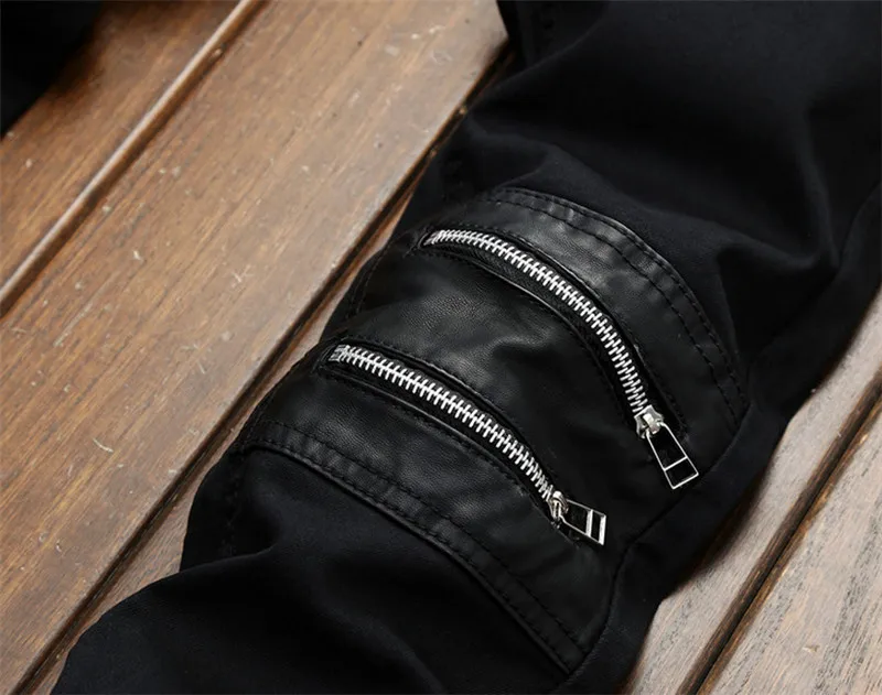 MORUANCLE, модные мужские черные джинсы, брюки, облегающие, на молнии, джинсовые джоггеры, кожа, пэчворк, повседневные, брендовые, дизайнерские, брюки, E0132