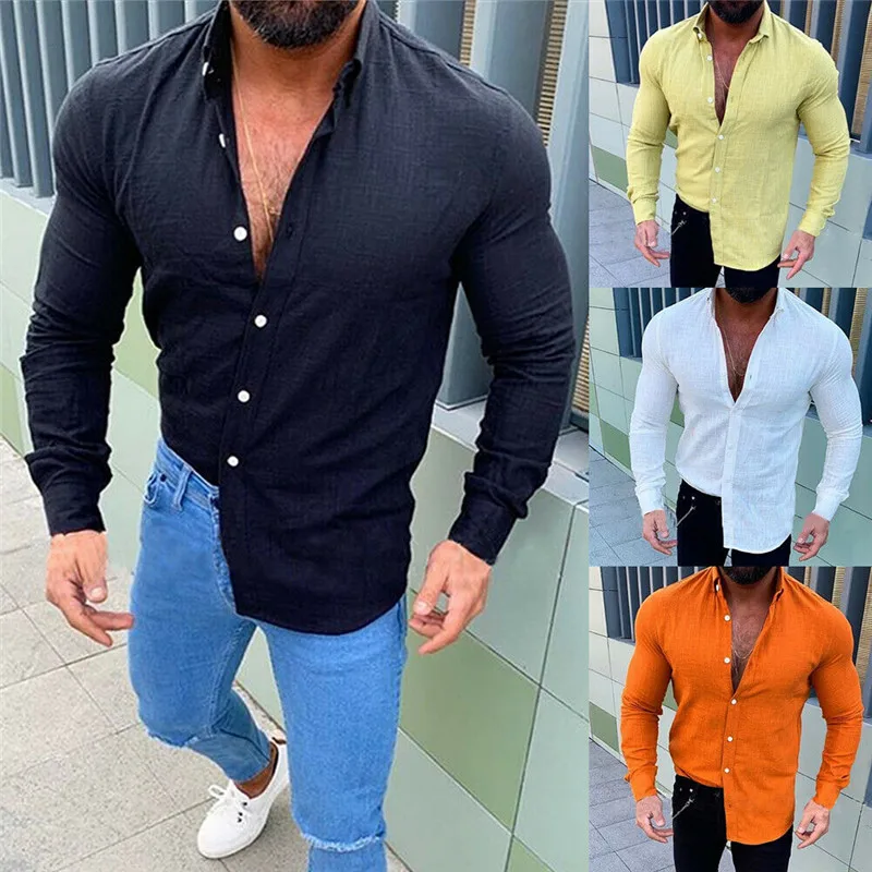 

Fashion Men's Summer Linen Slim Fit Long Sleeve Solid Color Tops Breathable Soft Casual Shirts