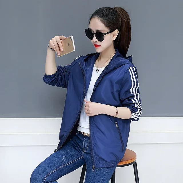 2019 Women Harajuku Spring Zipper Hooded Loose Casual Big Windbreaker