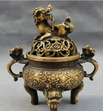 

shitou 001932 7" Tibet Bronze Buddhist Lion Head Statue Lotus Flower Incense Burner Censer discount 30% (C0324)