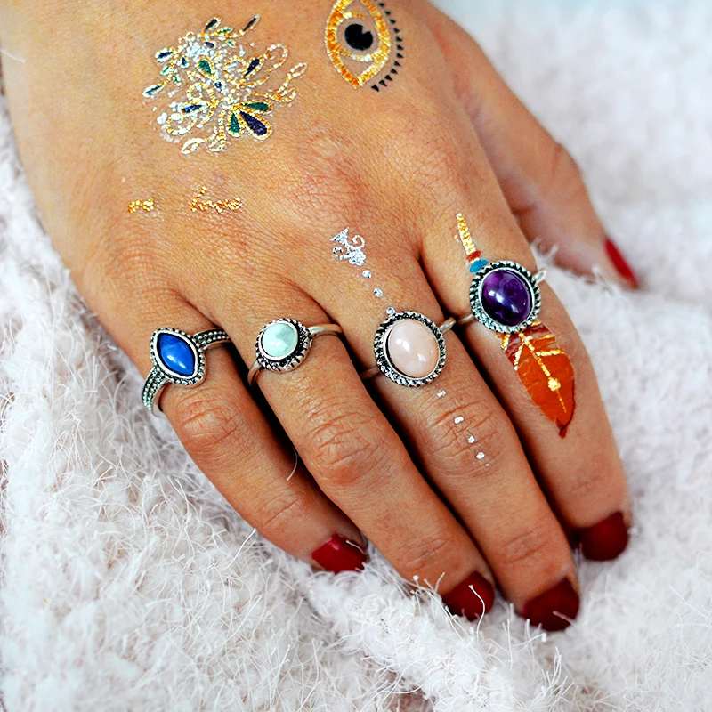 

4 pz/Set Antique Silver Simulation Gem Lucky National Wind Yoga Stone Fashion Creative DIY Beach Bohemian Ring Jewelry