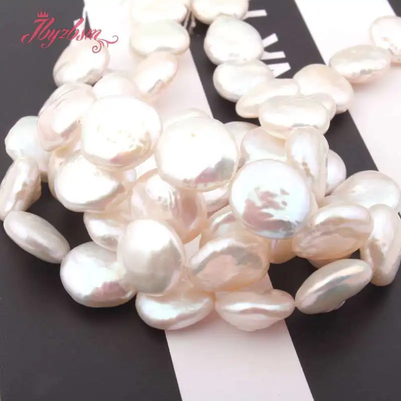 

13-14mm Coin Button White Freshwater Pearl Beads Loose Natural Stone Beads For Jewelry Making DIY Necklace Earring Strand 15"