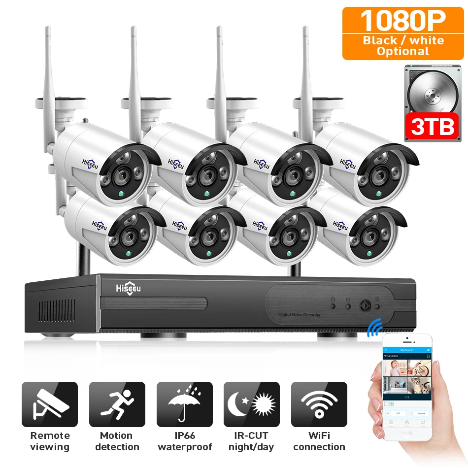 2MP CCTV система 1080P 8ch HD Беспроводной NVR комплект 3 ТБ HDD наружная ИК Ночная IP Wifi камера система безопасности видеонаблюдение Hiseeu