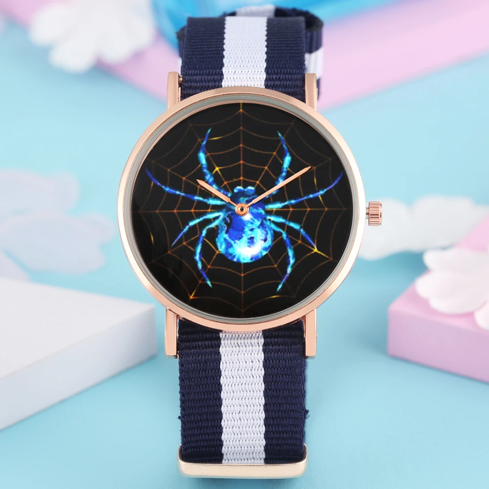 

Portable Colorful Nylon Strap Watch for Women Black Dial with Blue Spider Pattern Watches for Girls Quartz Analog Wristwatches