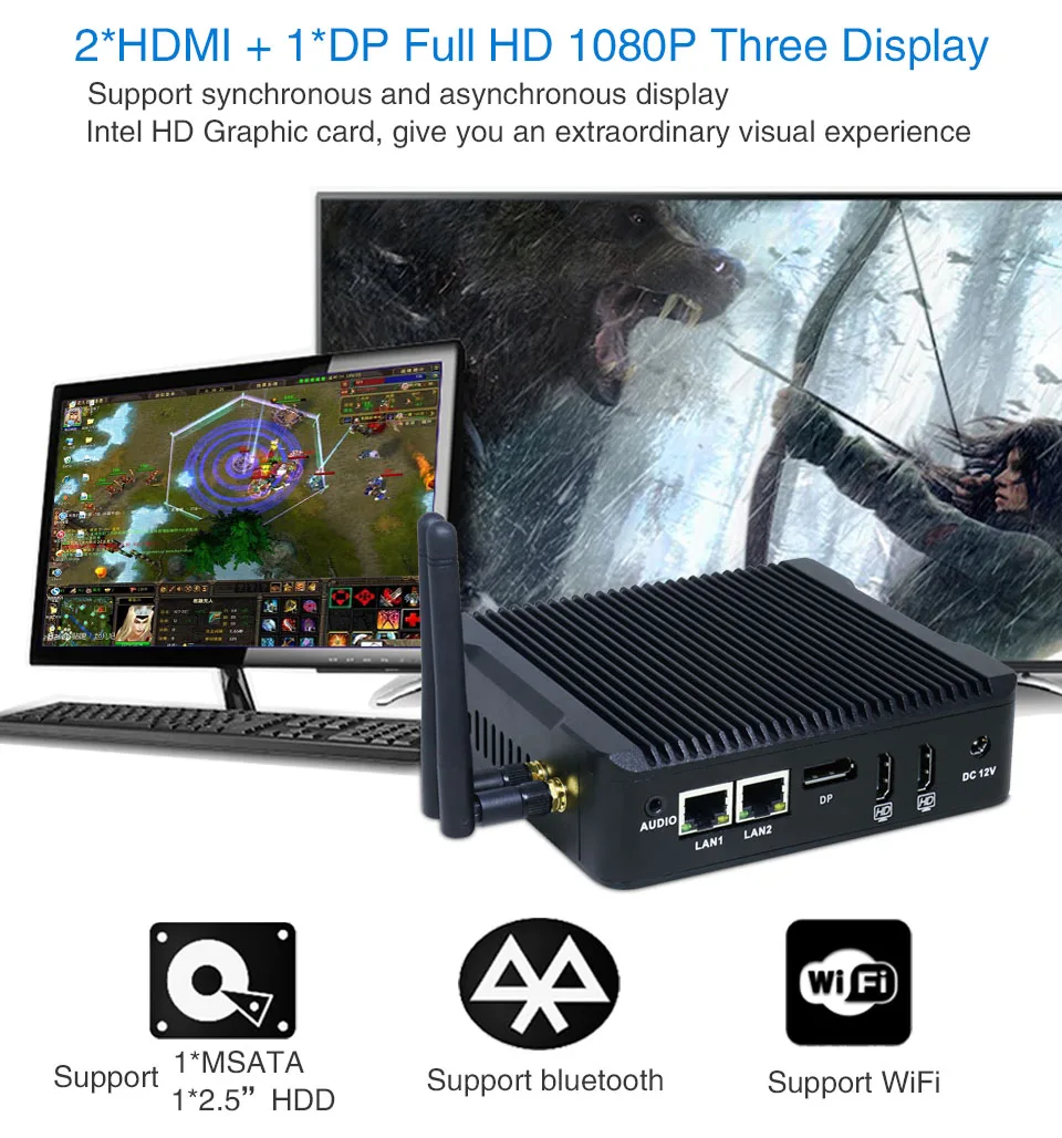 Мини-ПК с Intel celeron N3160 quad core 1,6 ГГц dual lan 2 * HDMI 1*6 DP * USB X86 одноплатный компьютер для офиса