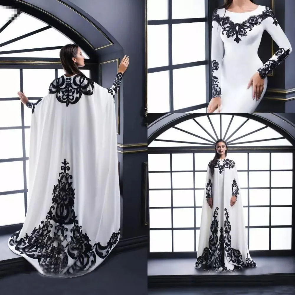 White Evening Dresses With Satin Black Lace Applique And Cape Long Sleeves Jewel Neck Formal Long Prom Dresses Party Gown