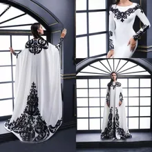 White Evening Dresses With Satin Black Lace Applique And Cape Long Sleeves Jewel Neck Formal Long Prom Dresses Party Gown