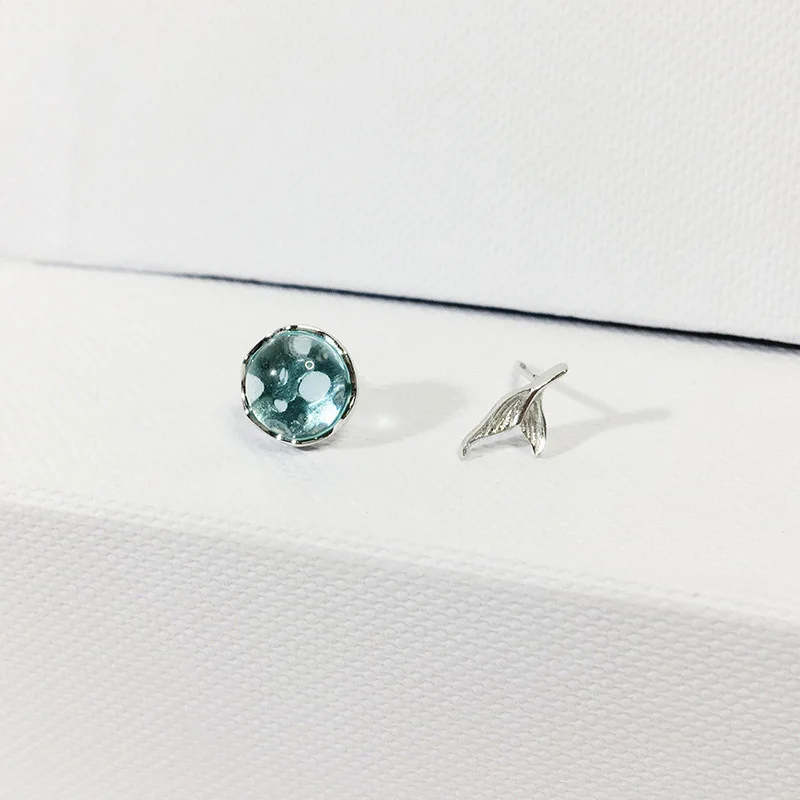 

925 silver mermaid blue stone ball with whale tail animal asymmetrical stud earrings for girl Korean fashion jewelry brinsco