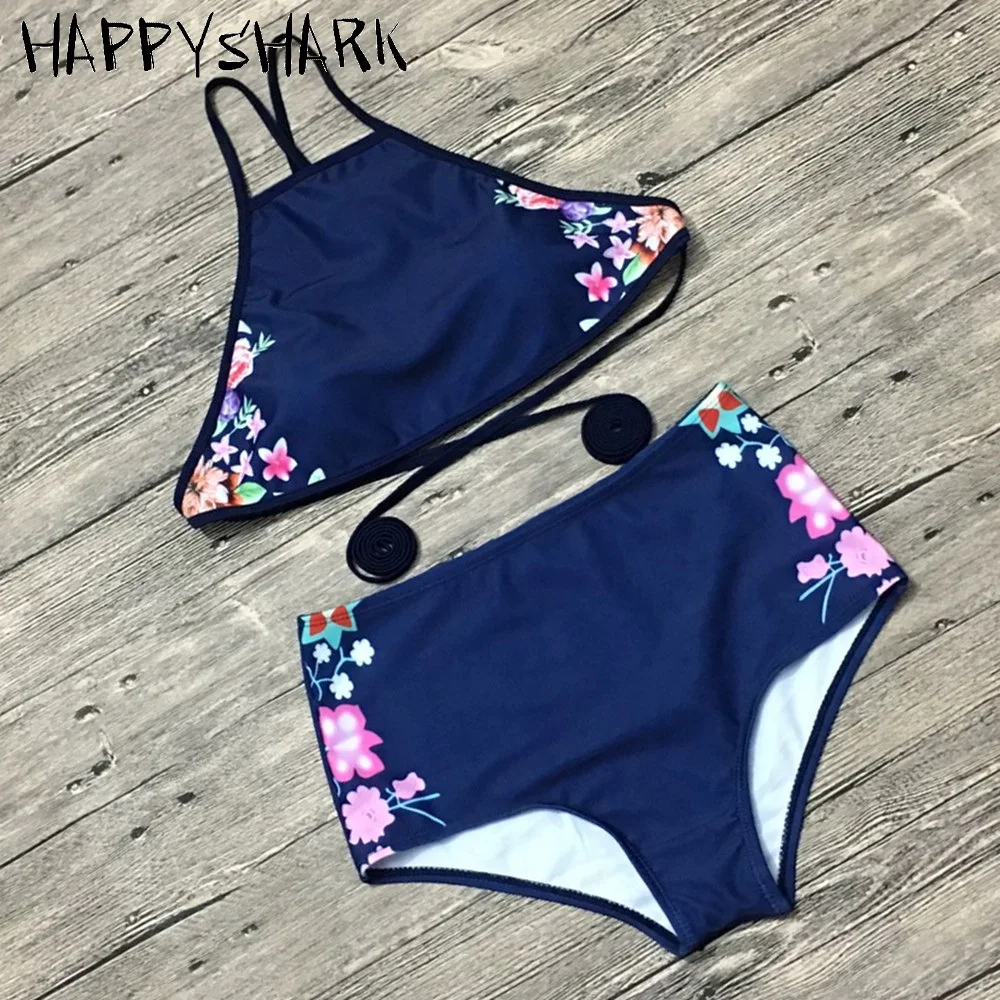 

HAPPY SHARK High Waist Bikinis Set Women Bandage Wrap Body Swimwear Flower Printed High Neck Swimsuit Push Up Beachwear Blue