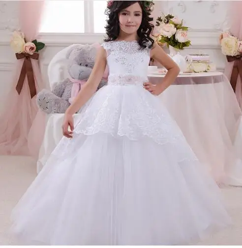 

Customized White Lace Flower Girls Dresses with Bow Ribbon Appliques Ball Gown Girls Communion Dress Pageant Dress 2-14 Year Old