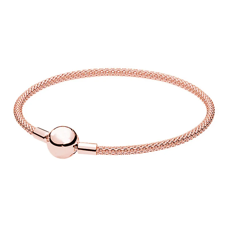 

925 Sterling Silver Bangle Rose Gold Snake Chain Basic Ball Clasp Mesh Bracelet Bangle Fit Women Bead Charm DIY Pandora Jewelry