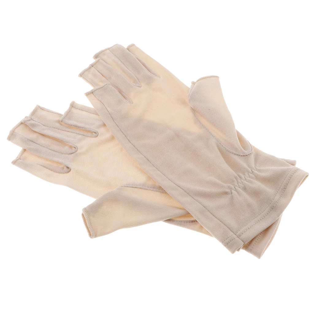 1 Pair Silk Retro Black Beige Womens Stretchy Half Finger Gloves, Soft thin lightweight UV Sun Protect Fingerless Short Gloves