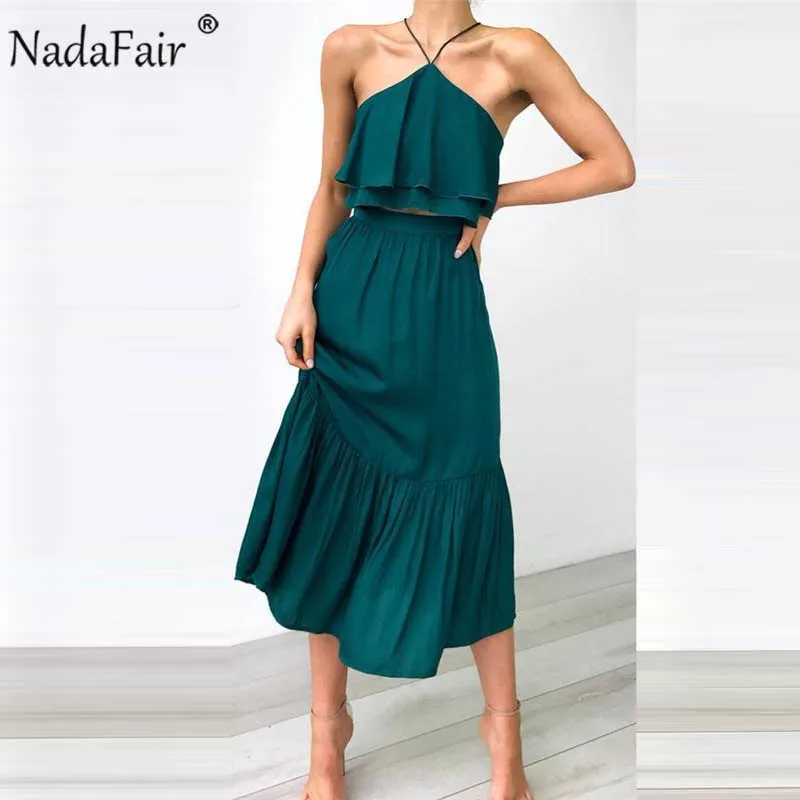 

Nadafair casual midi summer dress women sleeveless backless halter sexy club party dress two piece sets women