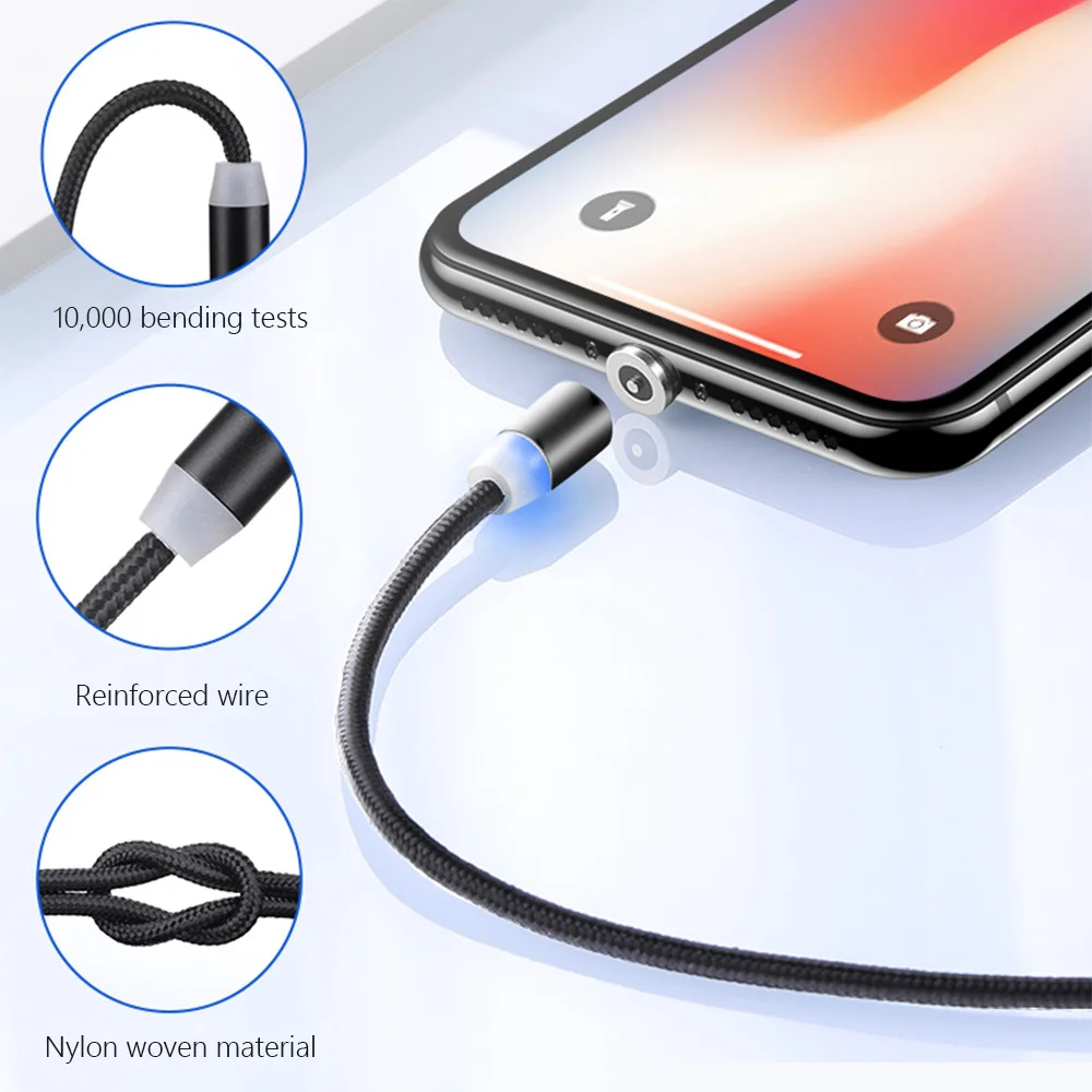 

360° LED Magnetic Micro USB Cable Type-C Charging Cable for iPhone XR XS MAX X 8 7 6 Plus Mobile Phone Magnet Charger Cable