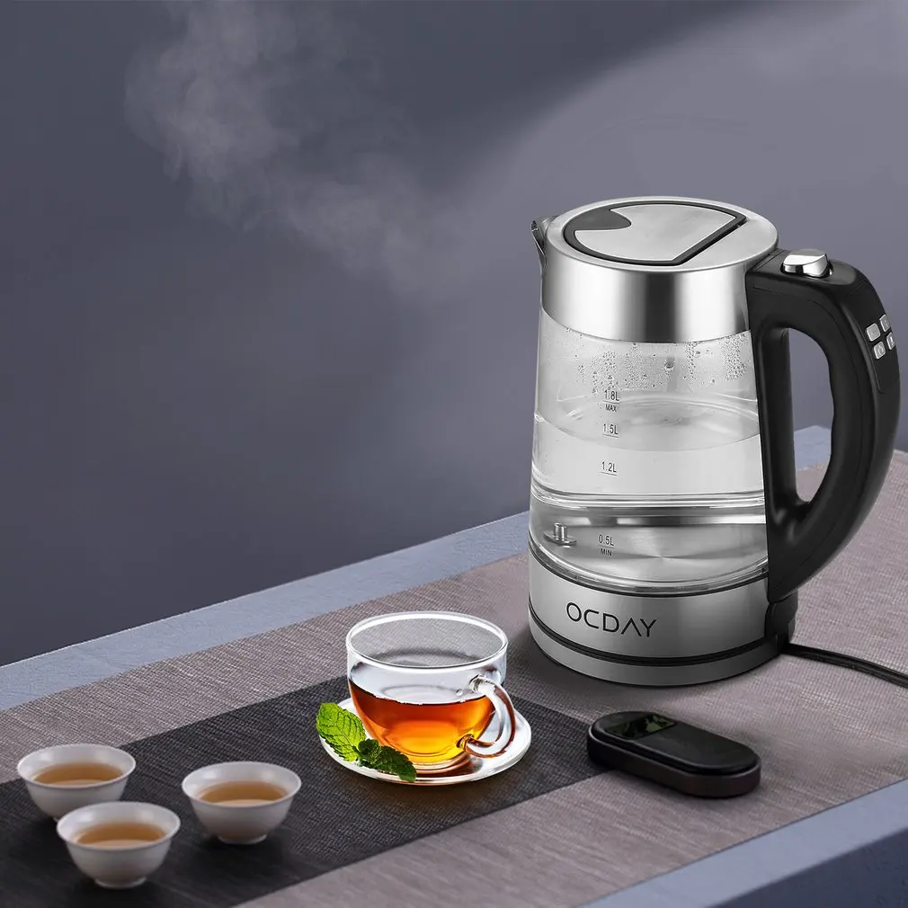 OCDAY стеклянный Электрический чайник с контролем температуры 1.8л электронный дисплей с четырьмя кнопками контроля температуры чайник из нержавеющей стали