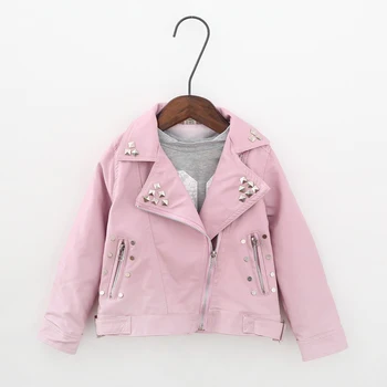 

girls leather jacket PU jacket for children 2-7 year old fashion rivet belt, lapel leather, motorcycle Cool wild rivets outwear