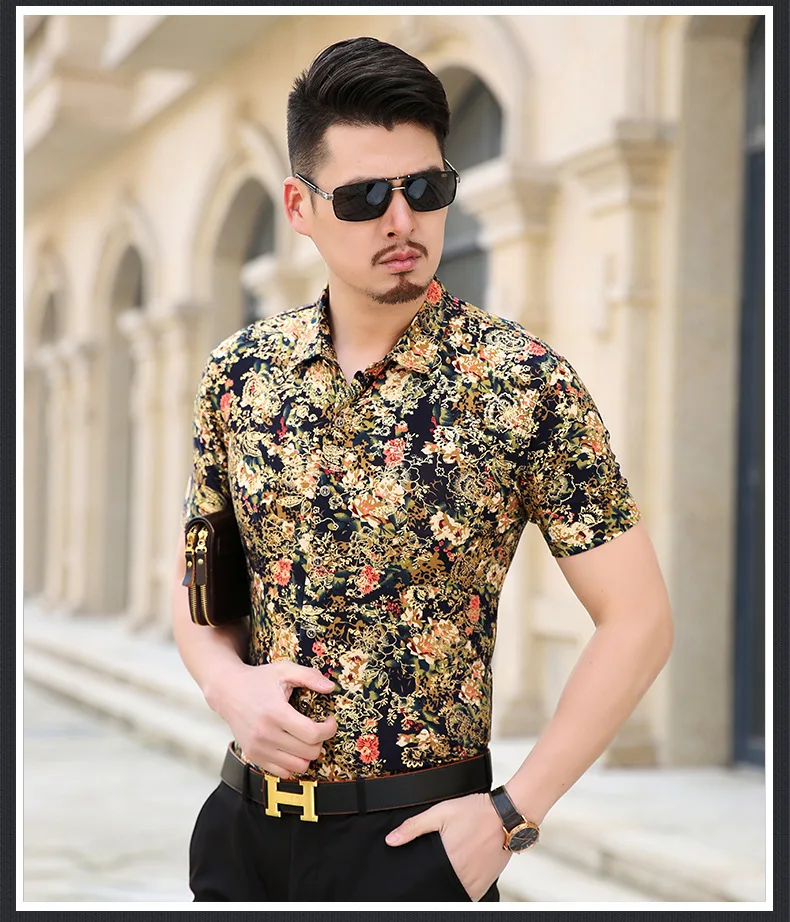 Рубашка с золотыми бронзовыми цветами для мужчин, роскошный бренд, дизайн в стиле барокко, мужские рубашки, Chemise Homme, короткий рукав, молочный шелк, Camisa XXXL