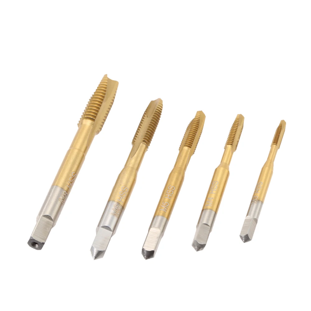 5Pcs Titanium  HSS 6542 Straight Flute Taps Round Shank Square End Spiral Point Tap Machine Screw Tap Coated Straight Groove Tap