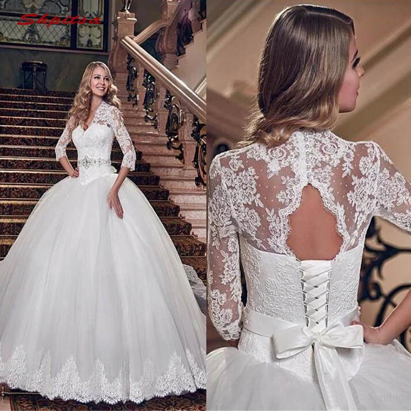 Long Sleeve Lace Wedding Dresses Ball Gown Turkey Plus Size Bride