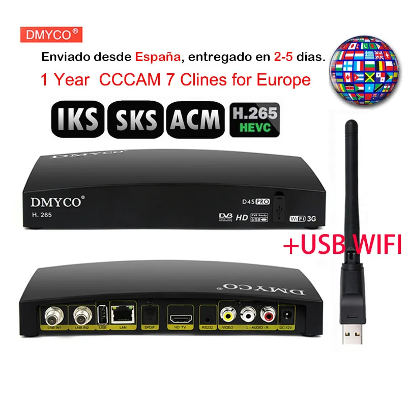 

1 year Europe 7 Cables for spain D4S PRO FTA satellite tv decoder dvb s2 HD 1080P lnb receptor+USB WIFI support H.265 MPEG-5 ACM