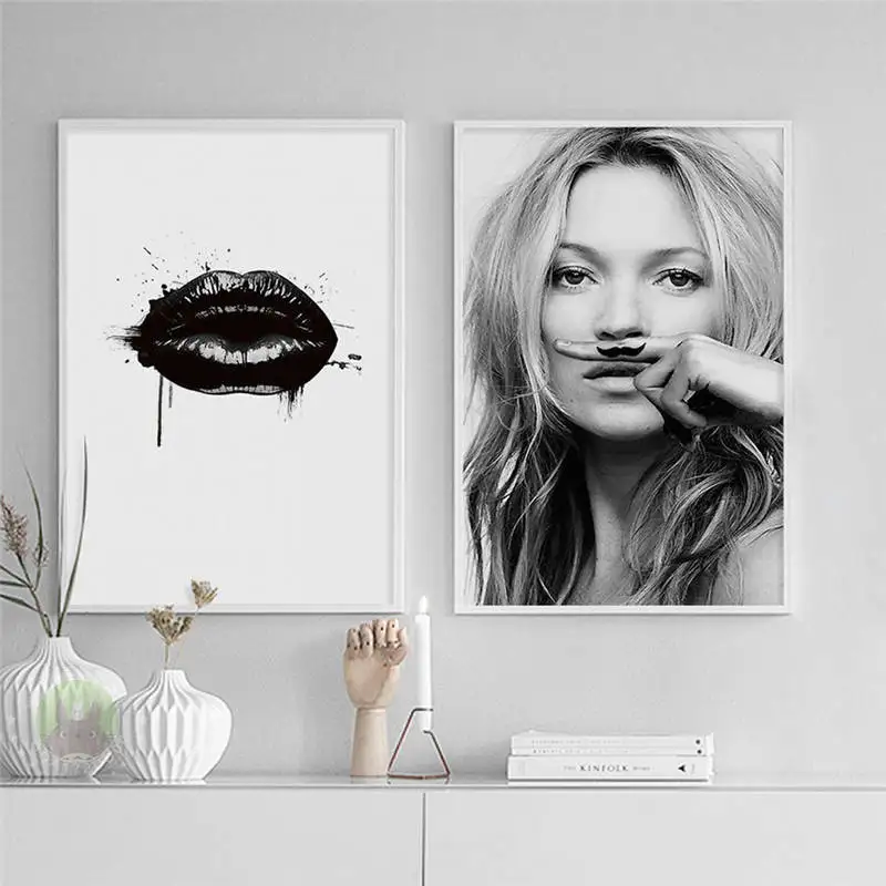 

European characters supermodel Kate Moss lipstick canvas painting wall poster living room decoration painting home decor