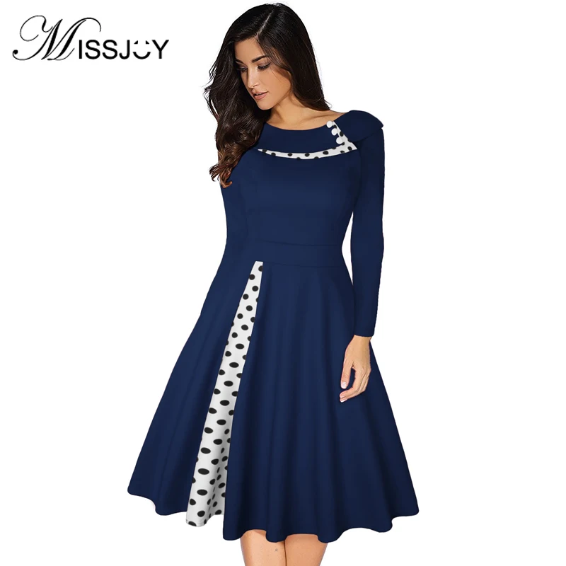 Cena MISSJOY 2019 Plus rozmiar 3XL kobiety w stylu Vintage Retro długie rękawy 1950s koktajl polka Dot wydrukowano przycisk Patchwork midi sukienka na imprezę