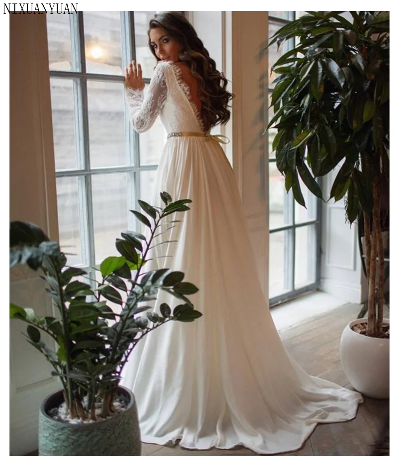 2019 кружево Свадебные платья одежда с длинным рукавом Невесты платья для женщин элегантное платье для брачной церемонии Поезд белое